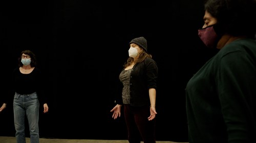 Berkeley Rep teaching artist Joyful Simpson leads students in her masked and socially distanced session of Storytelling: Finding Your Voice (photo by Benjamin Michel)